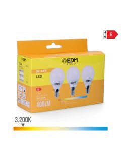 Kit 3 bombillas esfericas led e14 5w 400lm 3200k luz calida ø4,5x8cm edm