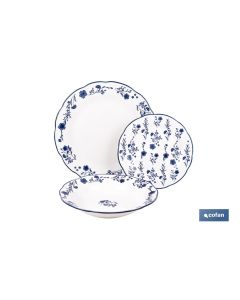 VAJILLA DE PORCELANA CON DETALLE FLORAL AZUL ESMALTADO DE FORMA IRREGULAR 18 PIEZAS COFAN