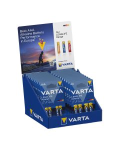 Expositor de carton de sobremesa de pilas varta "long life" 10 blisters 4xaaa lr03 +10 blisters 4xaa lr06 varta 27x18x17cm