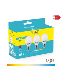 Kit 3 bombillas esfericas led e14 5w 400lm 6400k luz fria ø4,5x8cm edm