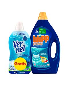 Pack detergente wipp gel limpio liso 37 + vernel 60 lavados