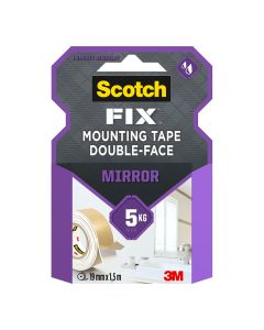 Cinta doble cara montaje espejos, 19mmx1,5m, máx 5 kg