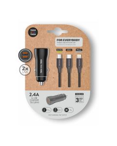 Cargador mechero negro 2xusb + cable triple nylon tech one tech