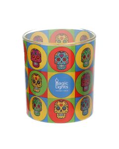 Vela en vaso pop art ø7,5x8,4cm skull magic lights