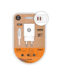 Cargador doble blanco+cable nylon usb-c 2,4a 12w 5v tech one tech