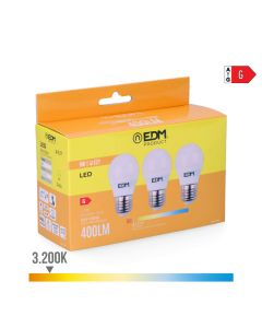 Kit 3 bombillas esfericas led e27 5w 400lm 3200k luz calida ø4,5x8cm edm