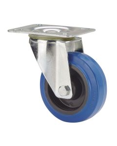 Rueda giratoria de goma con placa y eje de rodillos, color azul, carga máx. 100 kg, ø 10 cm