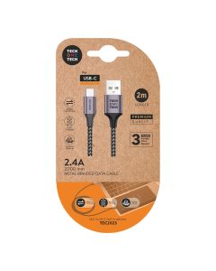 Cable nylon gris 2m c/usb-a a usb-c. 2,4a. tech one tech