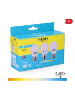 Kit 3 bombillas esfericas led e27 5w 400lm 6400k luz fria ø4,5x8cm edm