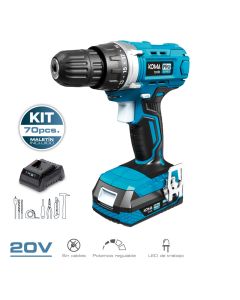 Kit maletin taladro atornillador con 70 accesorios 20v con batería y cargador koma tools