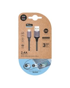 Cable nylon gris 2m c/usb-a a lightning, apple. 2,4a. tech one tech