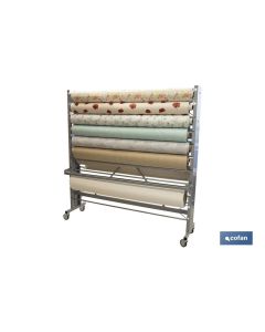 EXPOSITOR DE HULES Y MANTELES HORIZONTAL CON CORTADOR Y RUEDAS PARA 22 ROLLOS COFAN