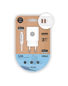 Cargador doble blanco+cable nylon lightn/apple 2,4a 12w 5v tech one tech